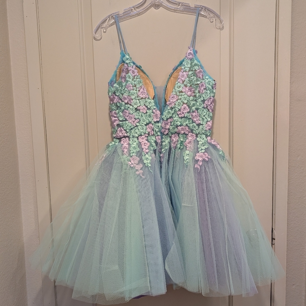 Jovani Multi Floral Embroidered Bodice Tulle Mini Dress Size 4 - Picture 5 of 11